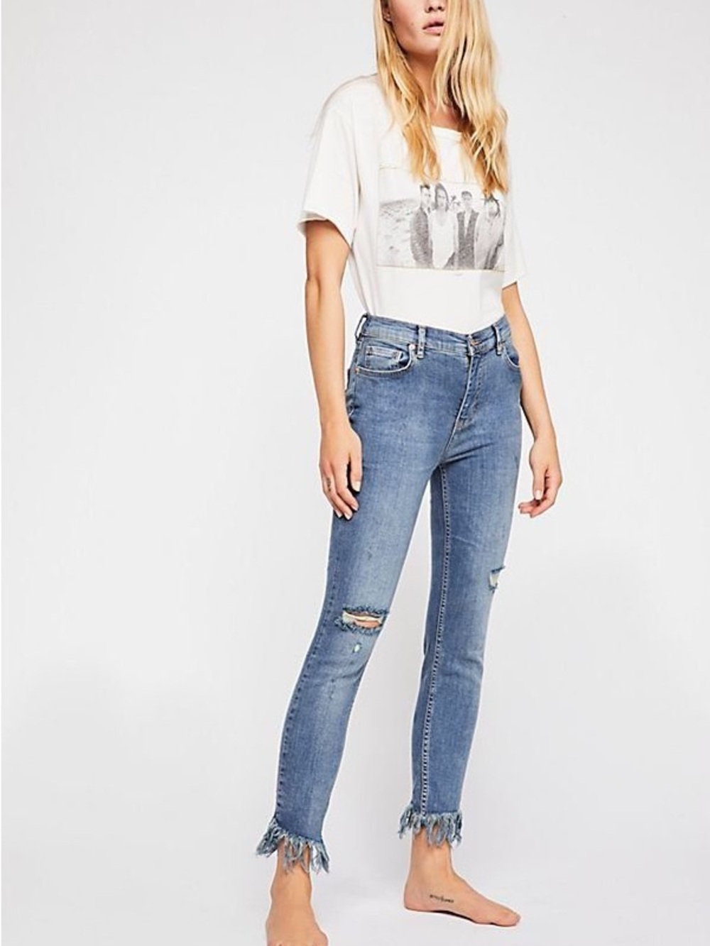 Free People Light Blue Ripped Skinny Jeans with Frayed Hem